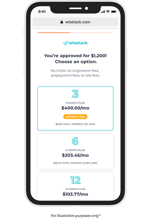An illustration of the Wisetack financing app on a phone